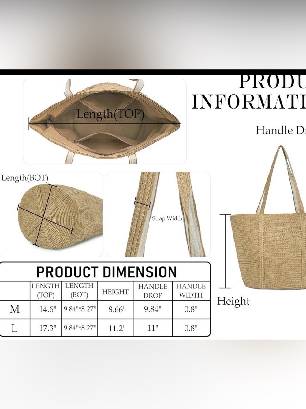 Everyday Natural Straw Tote Bag - Beige Shoulder Tote - Picture 8 of 8
